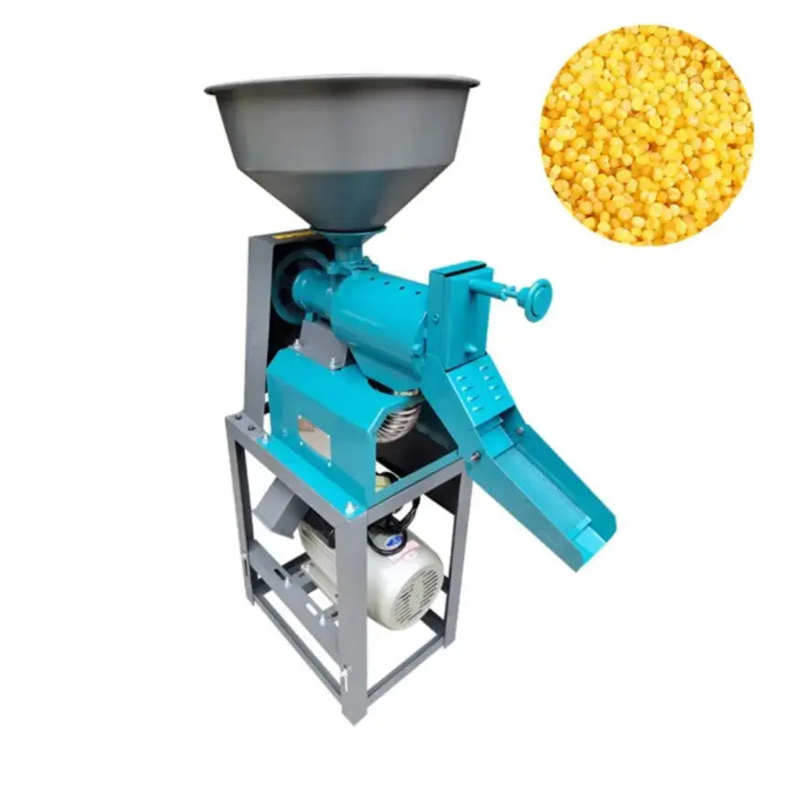 Rare Machinery mini rice mill with copper motor in blue and gray for efficient rice processing