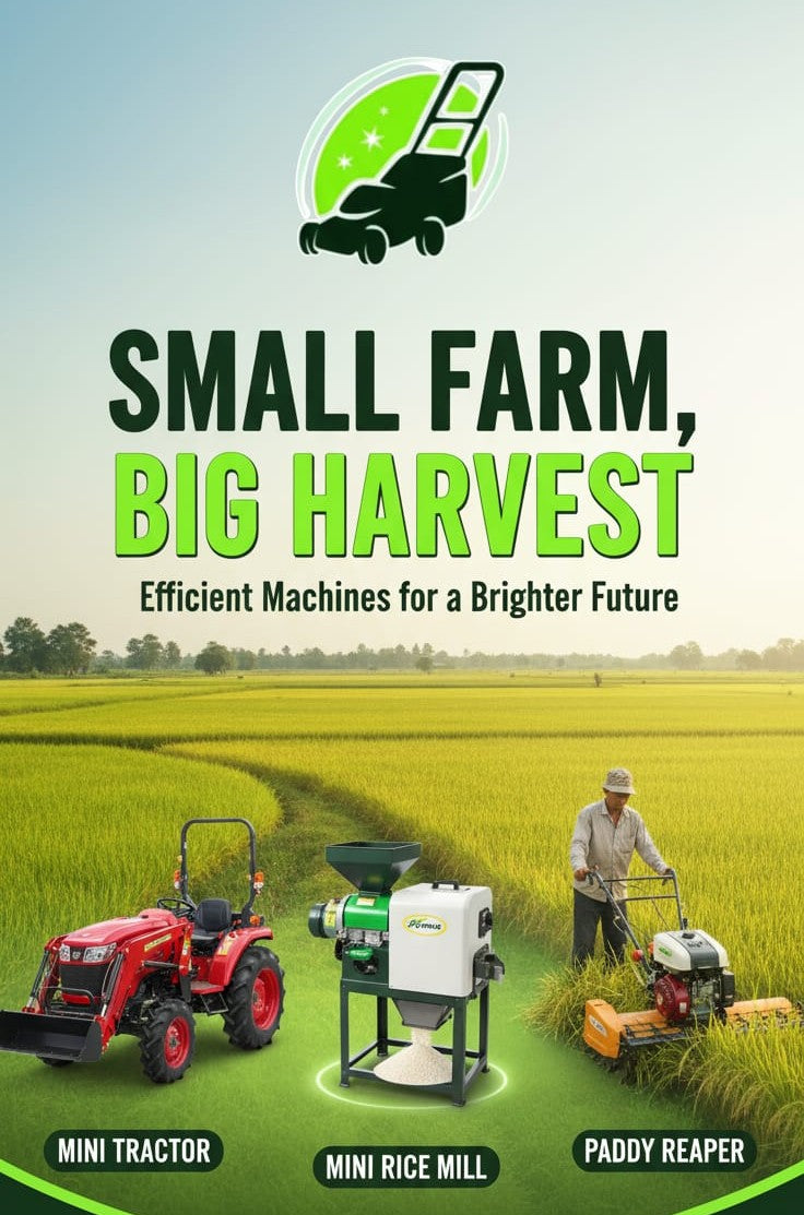Best compact farm machines for small farms like mini tractors, rice mills, and paddy reapers in lush fields