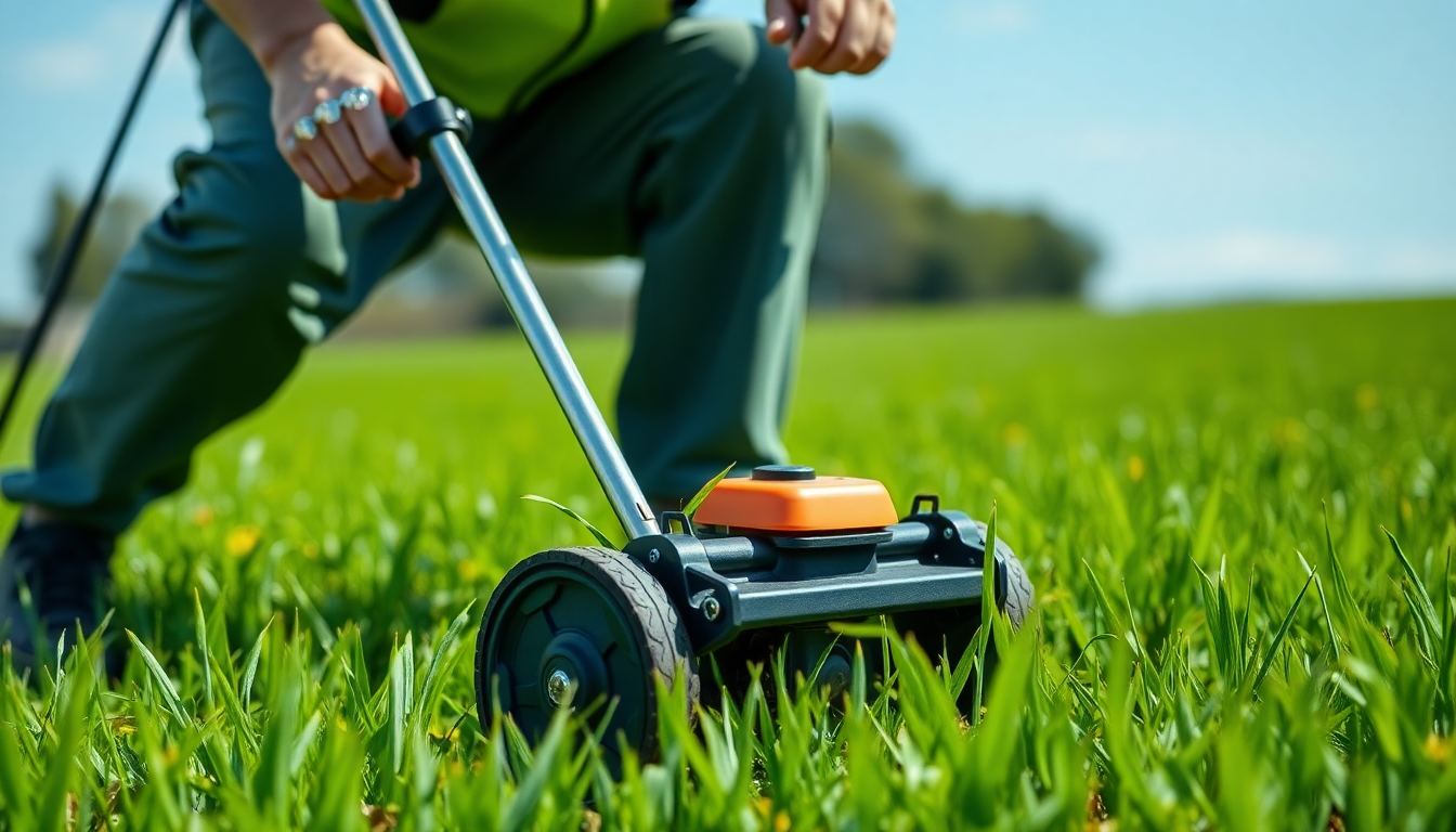 Person using modern farming tool in green field showcasing innovations in farming equipment for agriculture