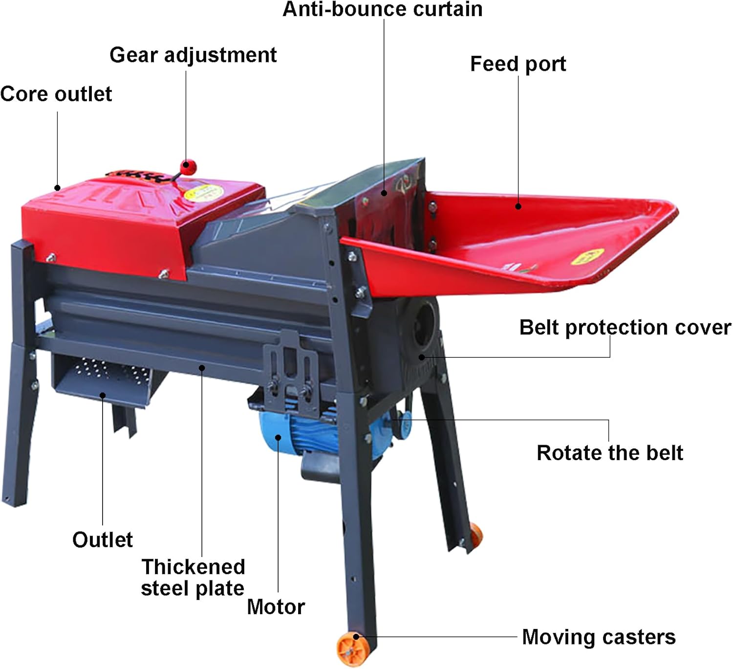 Rare Machinery 2 HP corn thresher with adjustable gear and moving casters for efficient grain processing