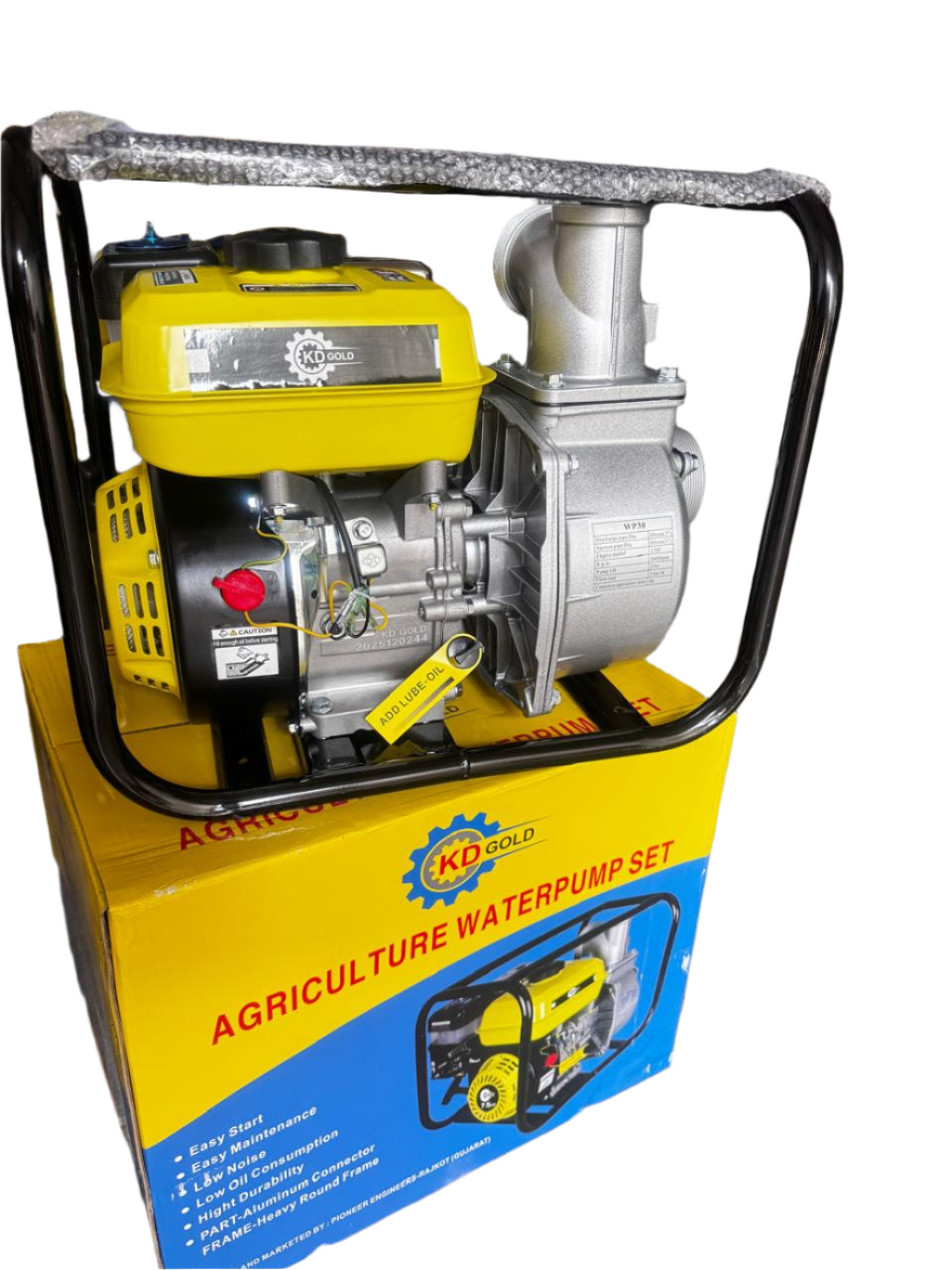 Rare Machinery 7.5 HP agriculture water pump with yellow engine and metal frame on blue and yellow box