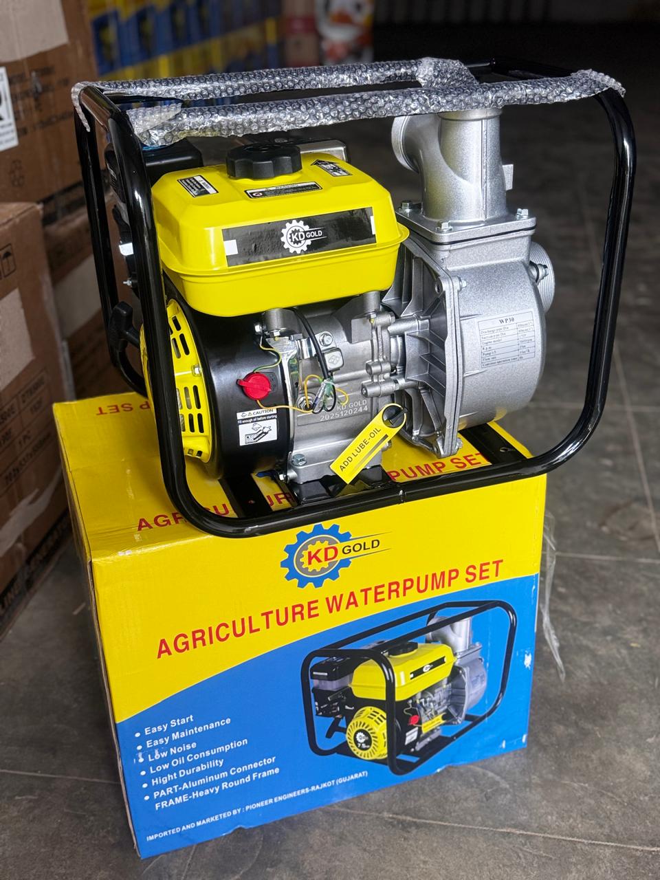 Rare Machinery 7.5 HP agriculture water pump with yellow engine mounted on yellow and blue box
