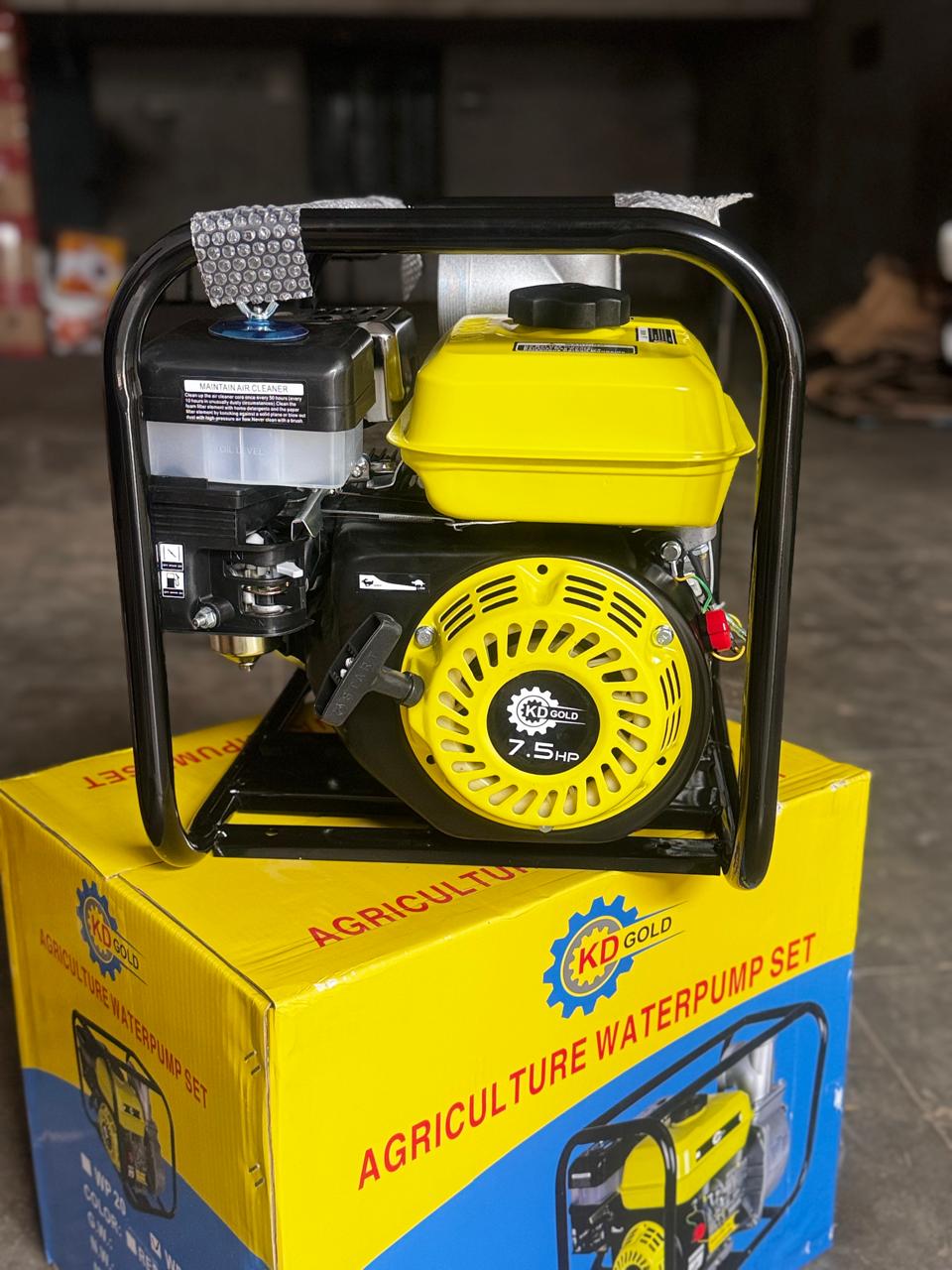 Rare Machinery 7.5 HP agriculture water pump with yellow engine and black frame on yellow agriculture waterpump set box
