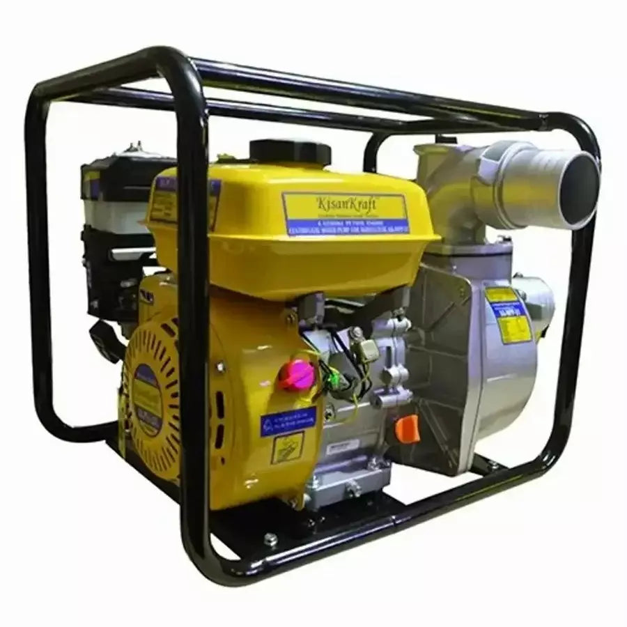 kisankraft 196cc water pump by Rare Machinery with yellow engine and metal frame