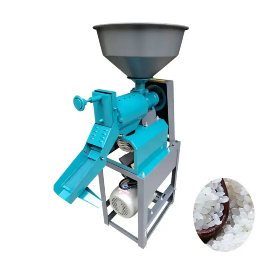 Rare Machinery mini rice mill with copper motor in blue and gray with hopper and rice grains