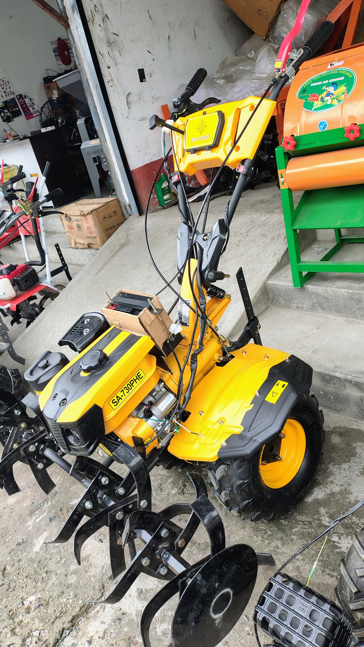 Sun Agro self start weeder in bright yellow with adjustable handlebars for efficient weeding on farms